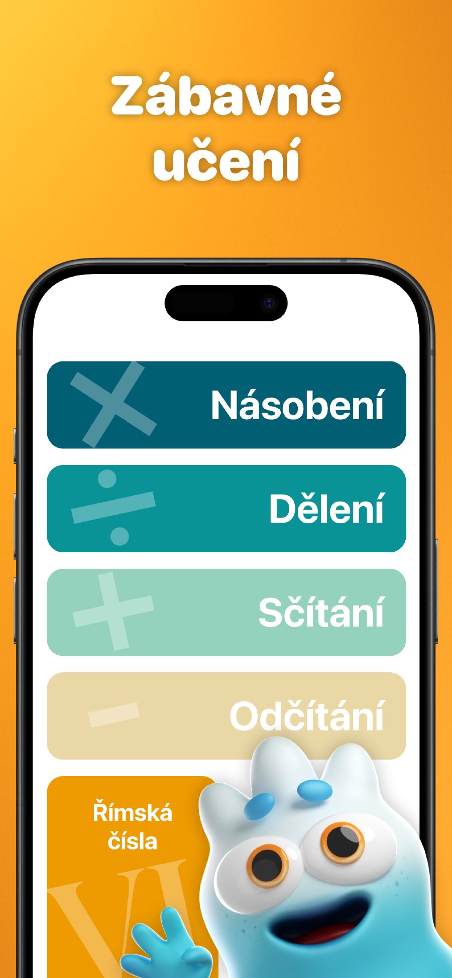 Zábavné učení - Hlavní menu s různými matematickými operacemi