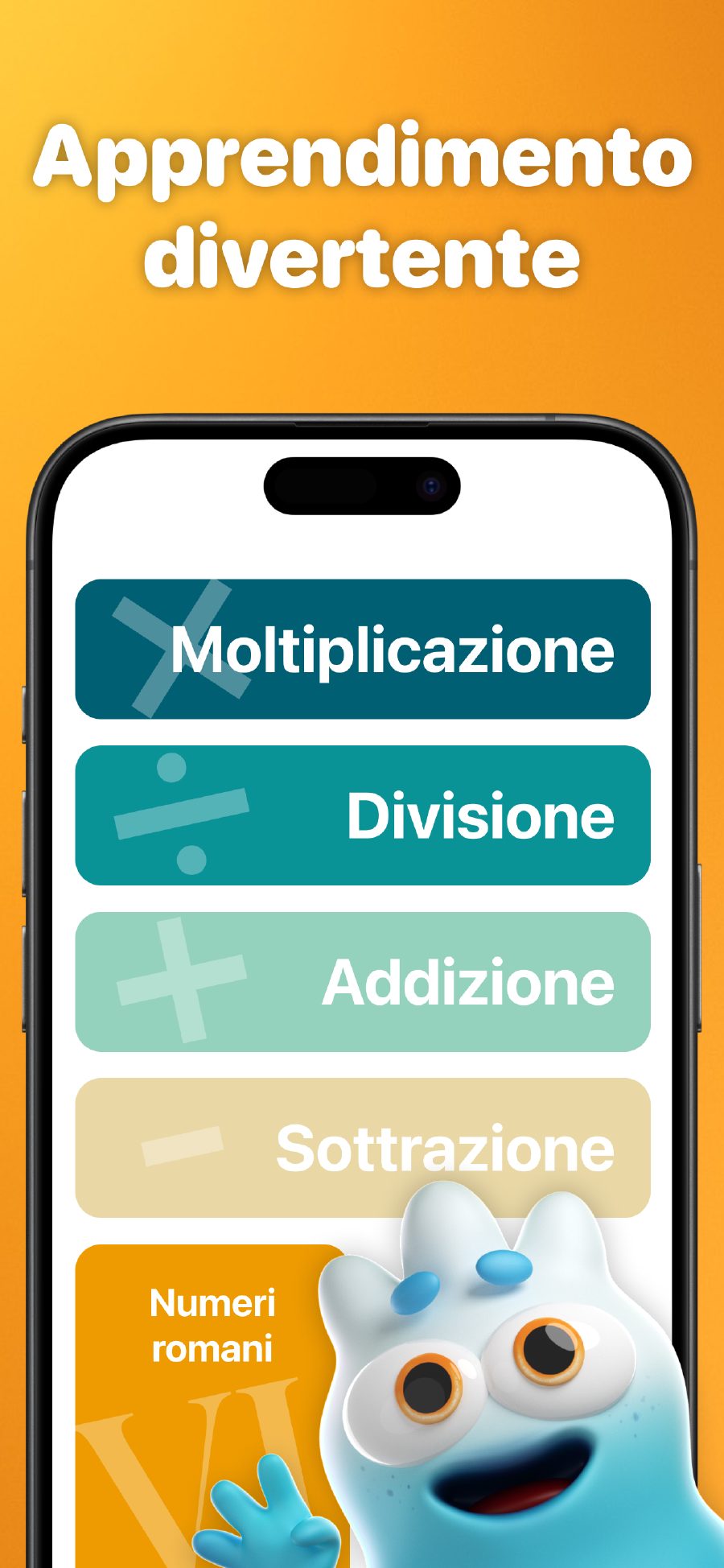Apprendimento divertente – Menu principale con diverse operazioni matematiche