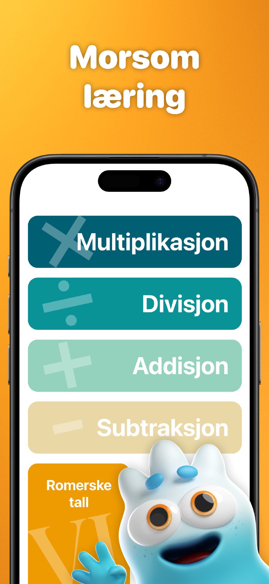 Morsom læring - Hovedmeny med forskjellige matematiske operasjoner