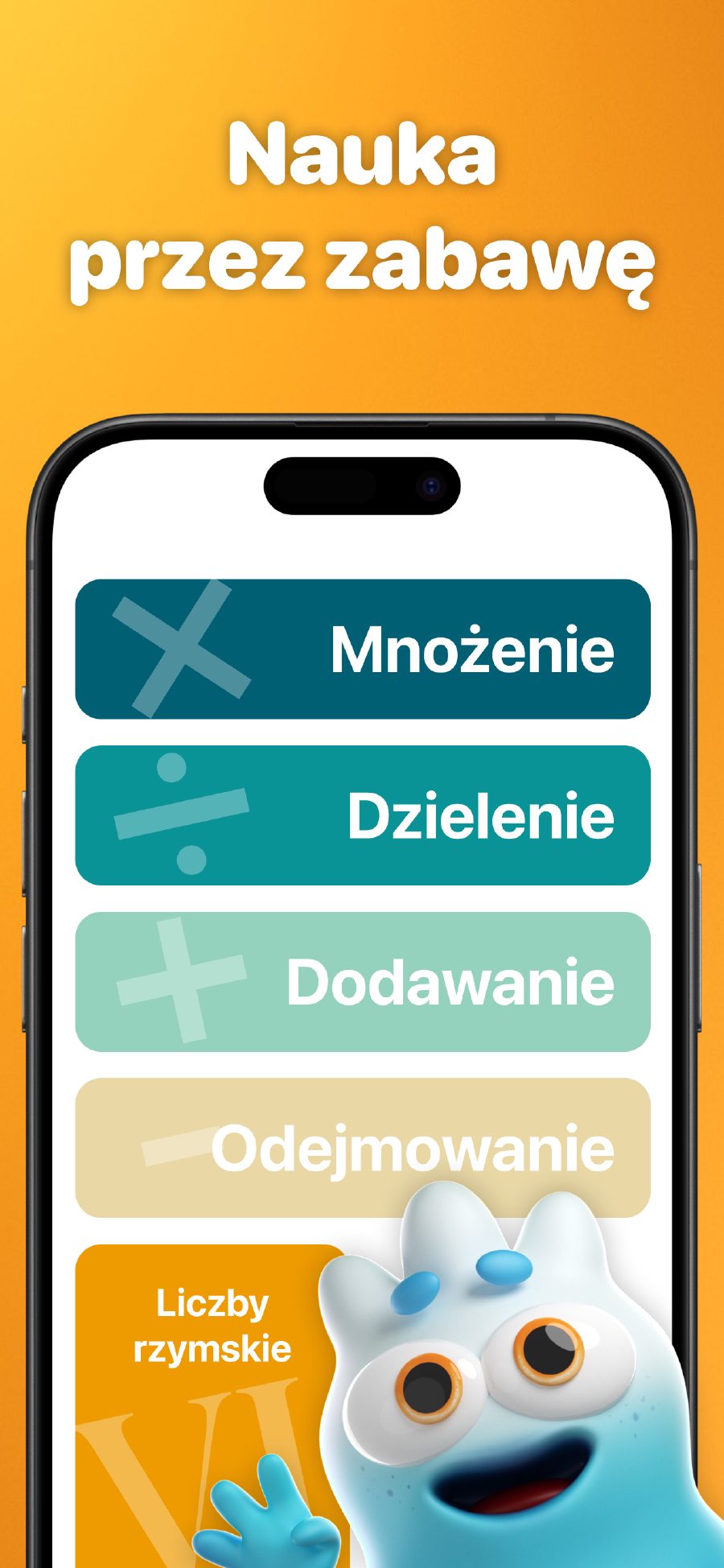 Zabawna nauka - Menu główne z różnymi operacjami matematycznymi